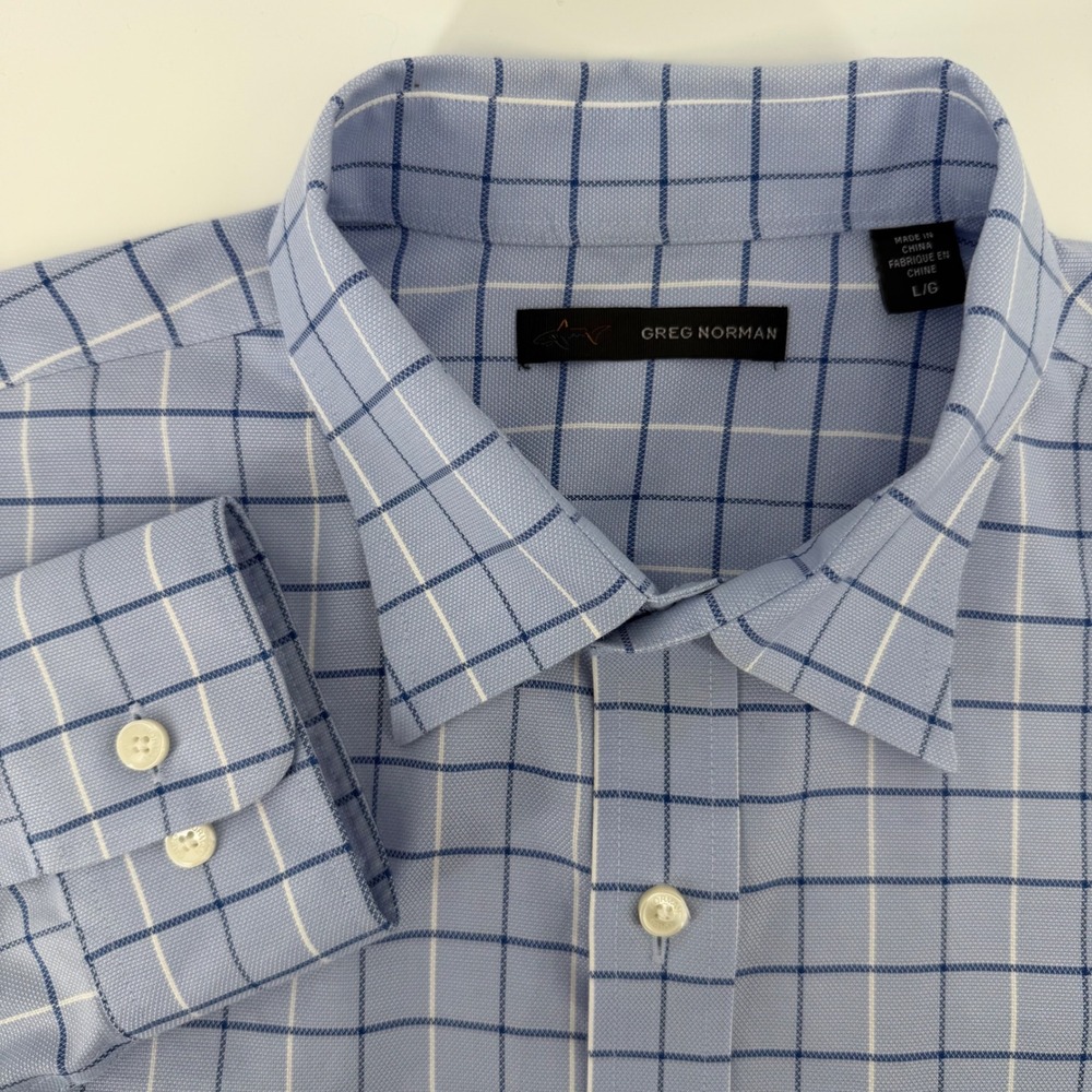 Greg Norman Mens Light Blue Grid Check Dress Shirt Large L G Button Up